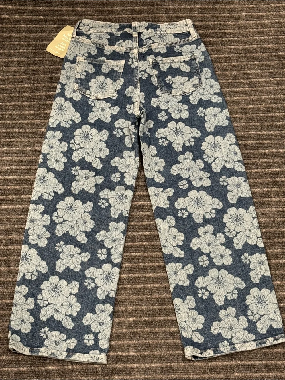 Girls H&M Wide Leg Size 8‎ Blue Denim Jeans Floral Pattern Adjustable Waist NWT